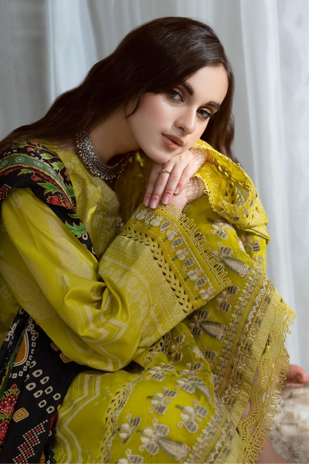3PC Unstitched Printed+Embroidered Lawn Shirt | Silk Printed Dupatta | Cambric Dyed Trouser
