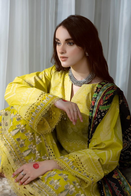 3PC Unstitched Printed+Embroidered Lawn Shirt | Silk Printed Dupatta | Cambric Dyed Trouser