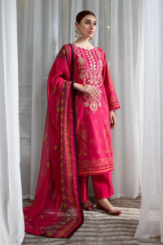 3PC Unstitched Printed+Embroidered Lawn Shirt | Chiffon Printed Dupatta | Cambric Dyed Trouser