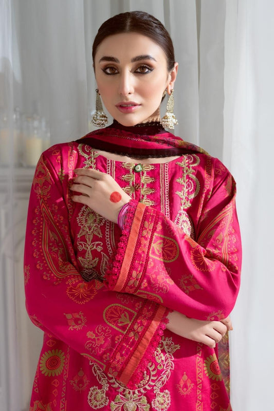 3PC Unstitched Printed+Embroidered Lawn Shirt | Chiffon Printed Dupatta | Cambric Dyed Trouser