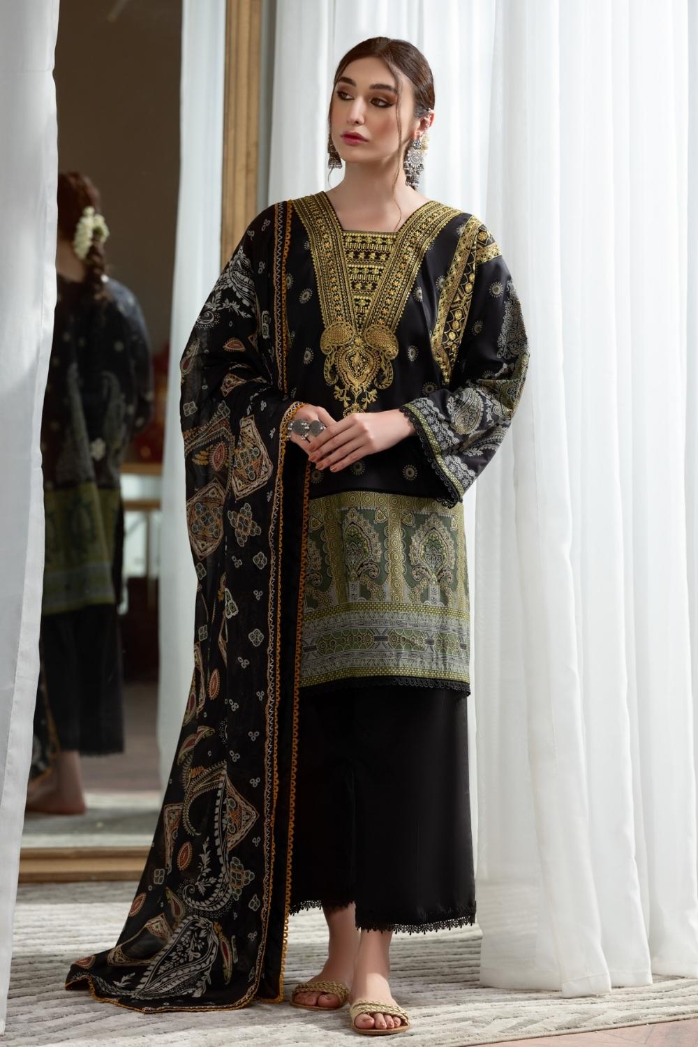 3PC Unstitched Printed+Embroidered Lawn Shirt | Silk Printed Dupatta | Cambric Dyed Trouser