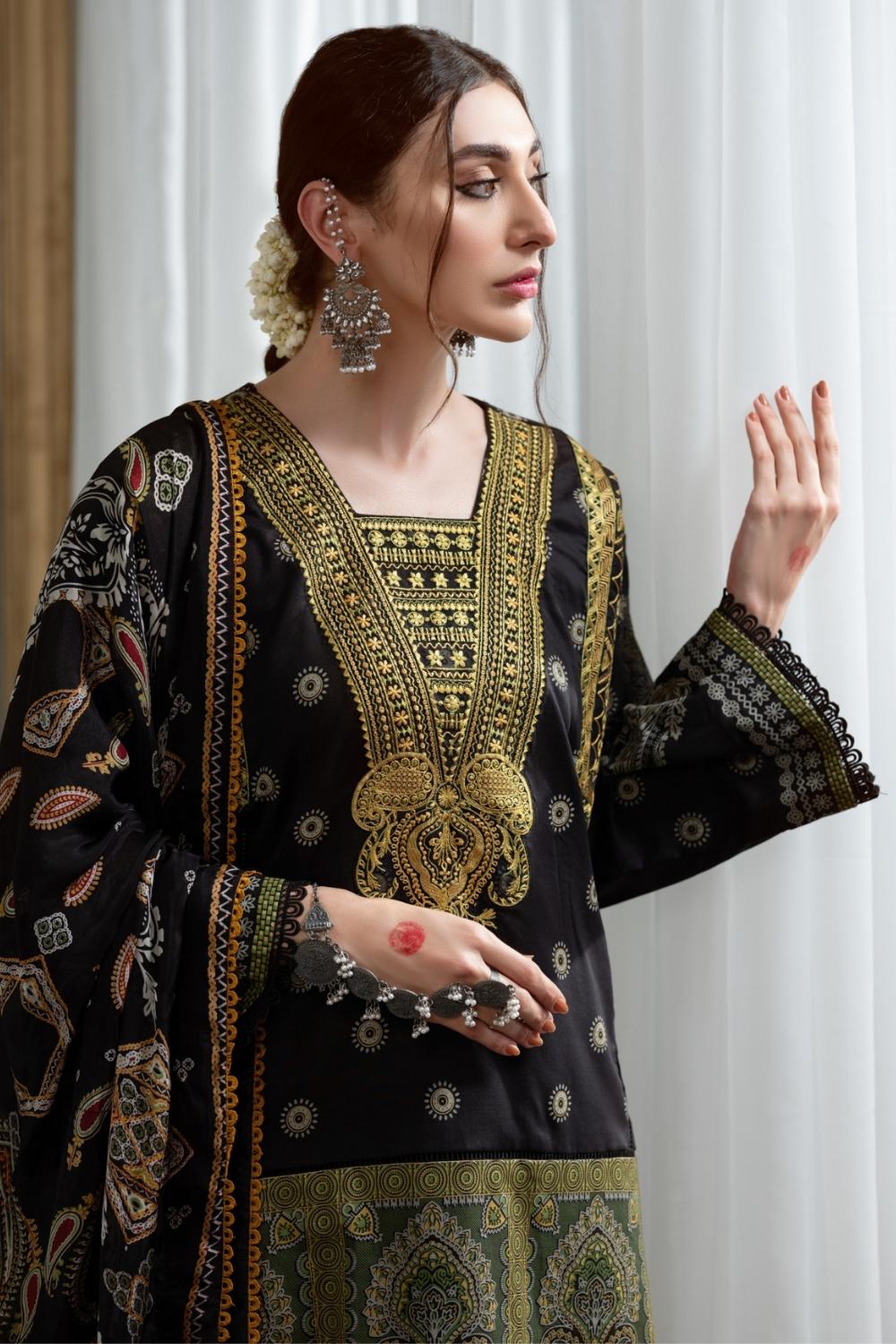 3PC Unstitched Printed+Embroidered Lawn Shirt | Silk Printed Dupatta | Cambric Dyed Trouser