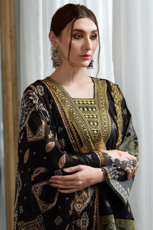 3PC Unstitched Printed+Embroidered Lawn Shirt | Silk Printed Dupatta | Cambric Dyed Trouser