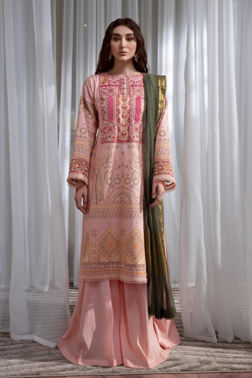 3PC Unstitched Embroidered + Printed Suit