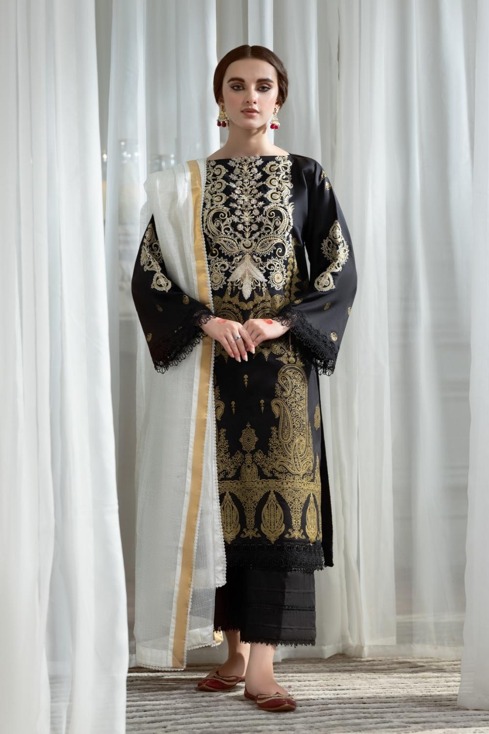 3PC Unstitched Printed+Embroidered Lawn Shirt | Banarsi Dupatta  | Cambric Dyed Trouser