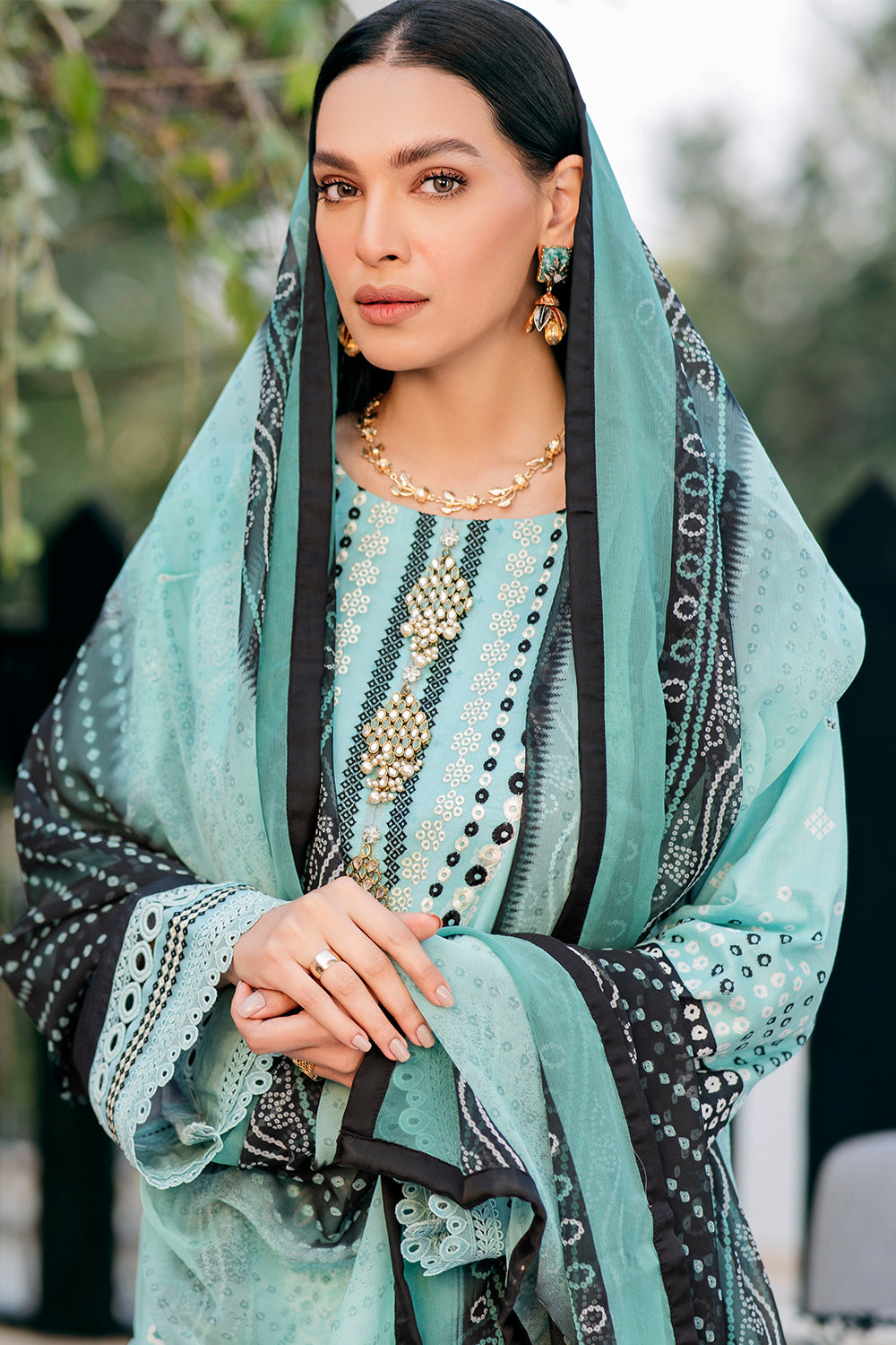 3 PC Unstitched Emboridered + Printed Shirt + Printed Dupatta + Dyed Trouser