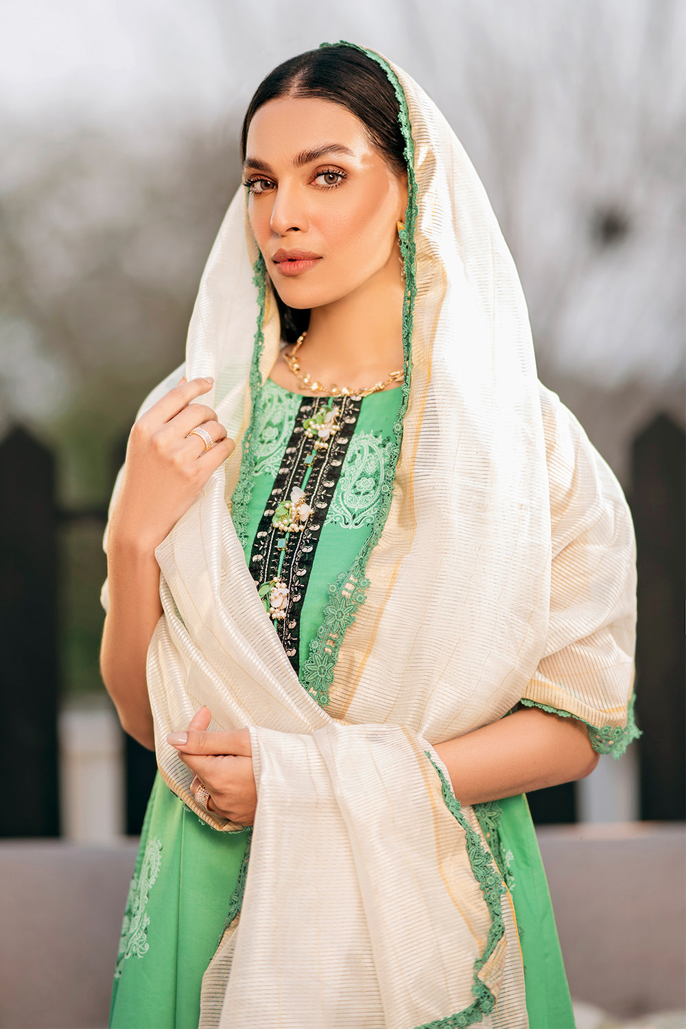 3 PC Unstitched Emboridered + Printed Shirt + Printed Dupatta + Dyed Trouser