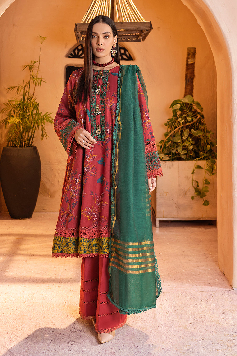 3 PC Unstitched Emboridered + Printed Shirt + Printed Dupatta + Dyed Trouser