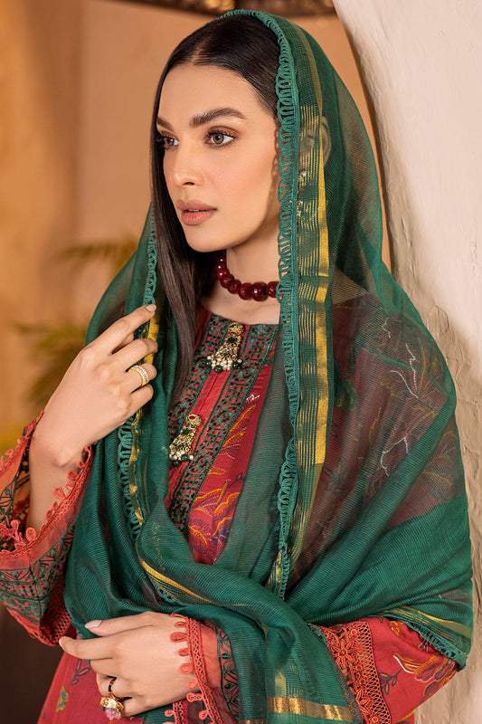 3 PC Unstitched Emboridered + Printed Shirt + Printed Dupatta + Dyed Trouser