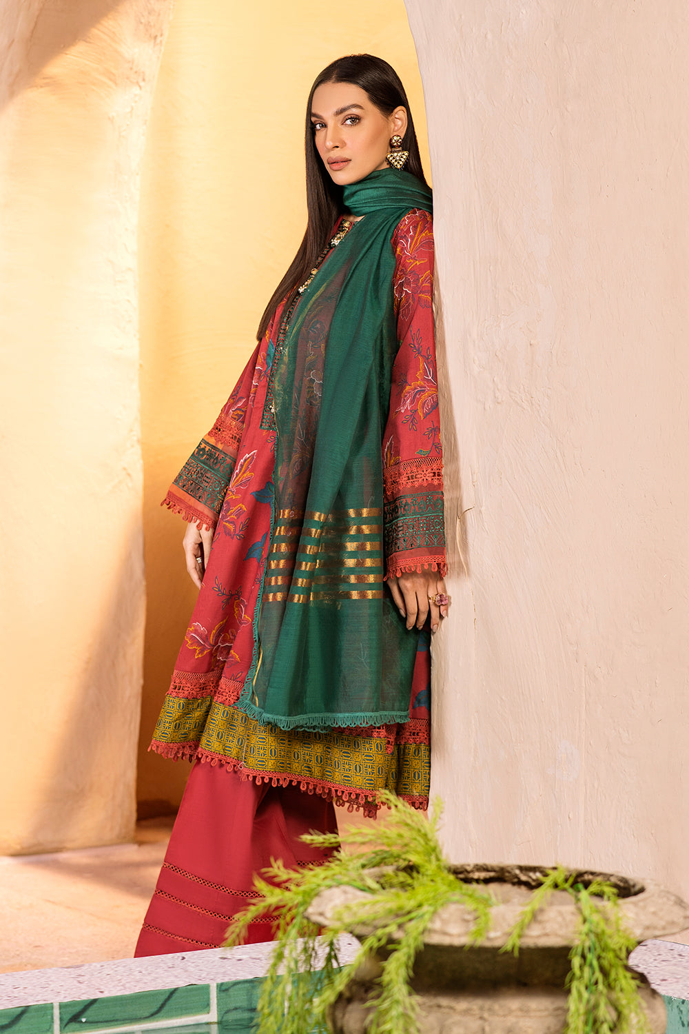 3 PC Unstitched Emboridered + Printed Shirt + Printed Dupatta + Dyed Trouser