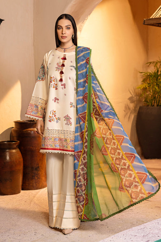 3 PC Unstitched Emboridered + Printed Shirt + Printed Dupatta + Dyed Trouser