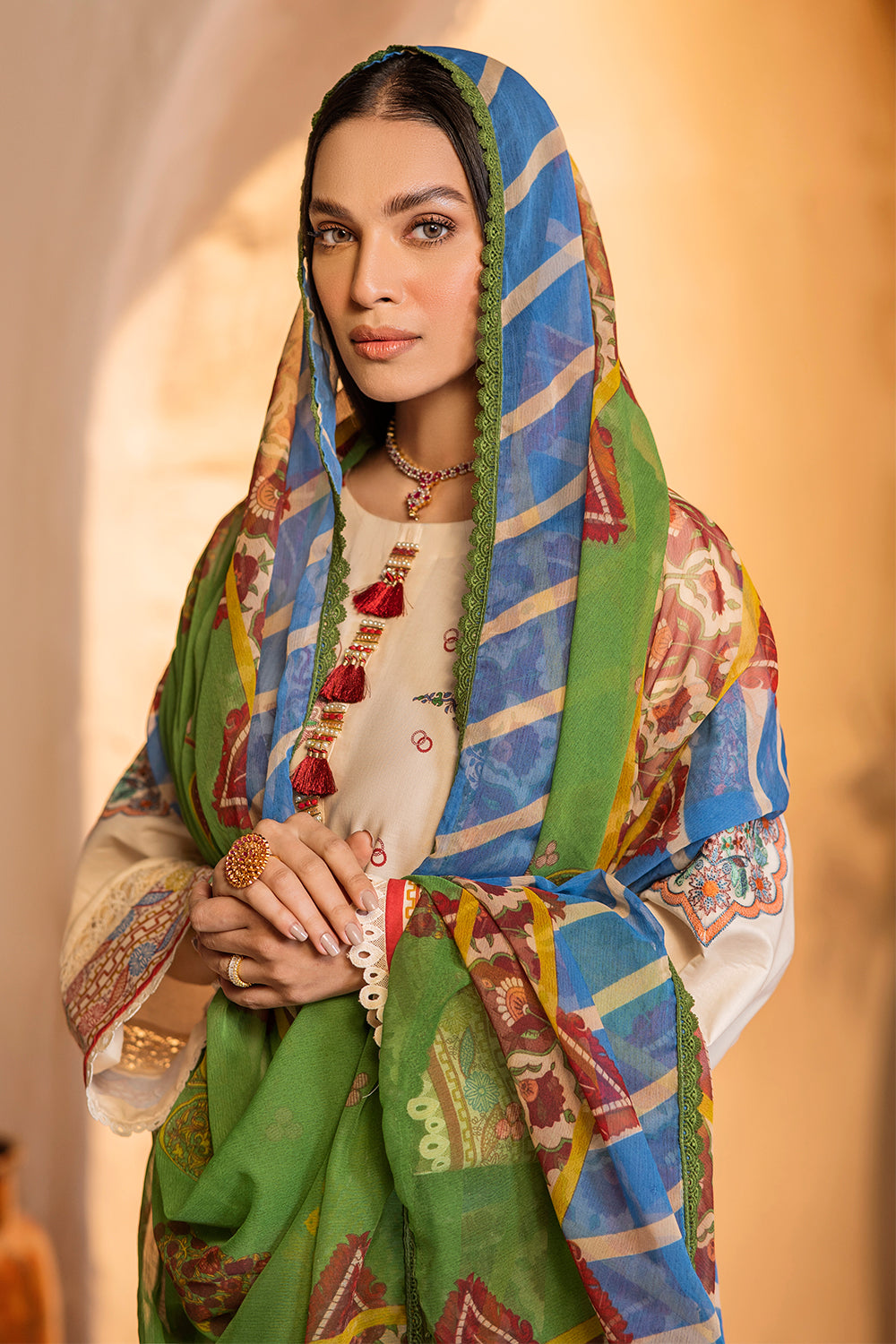 3 PC Unstitched Emboridered + Printed Shirt + Printed Dupatta + Dyed Trouser