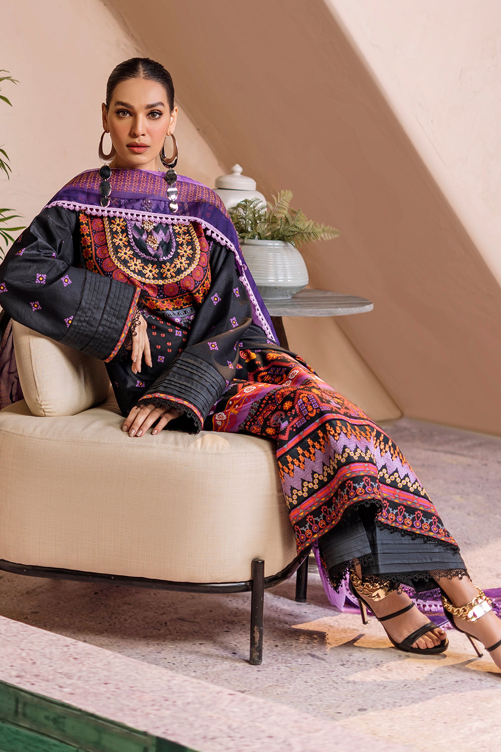 3 PC Unstitched Emboridered + Printed Shirt + Printed Dupatta + Dyed Trouser