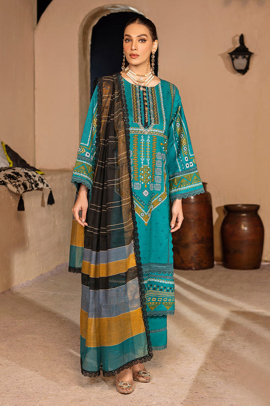 3 PC Unstitched Emboridered + Printed Shirt + Printed Dupatta + Dyed Trouser