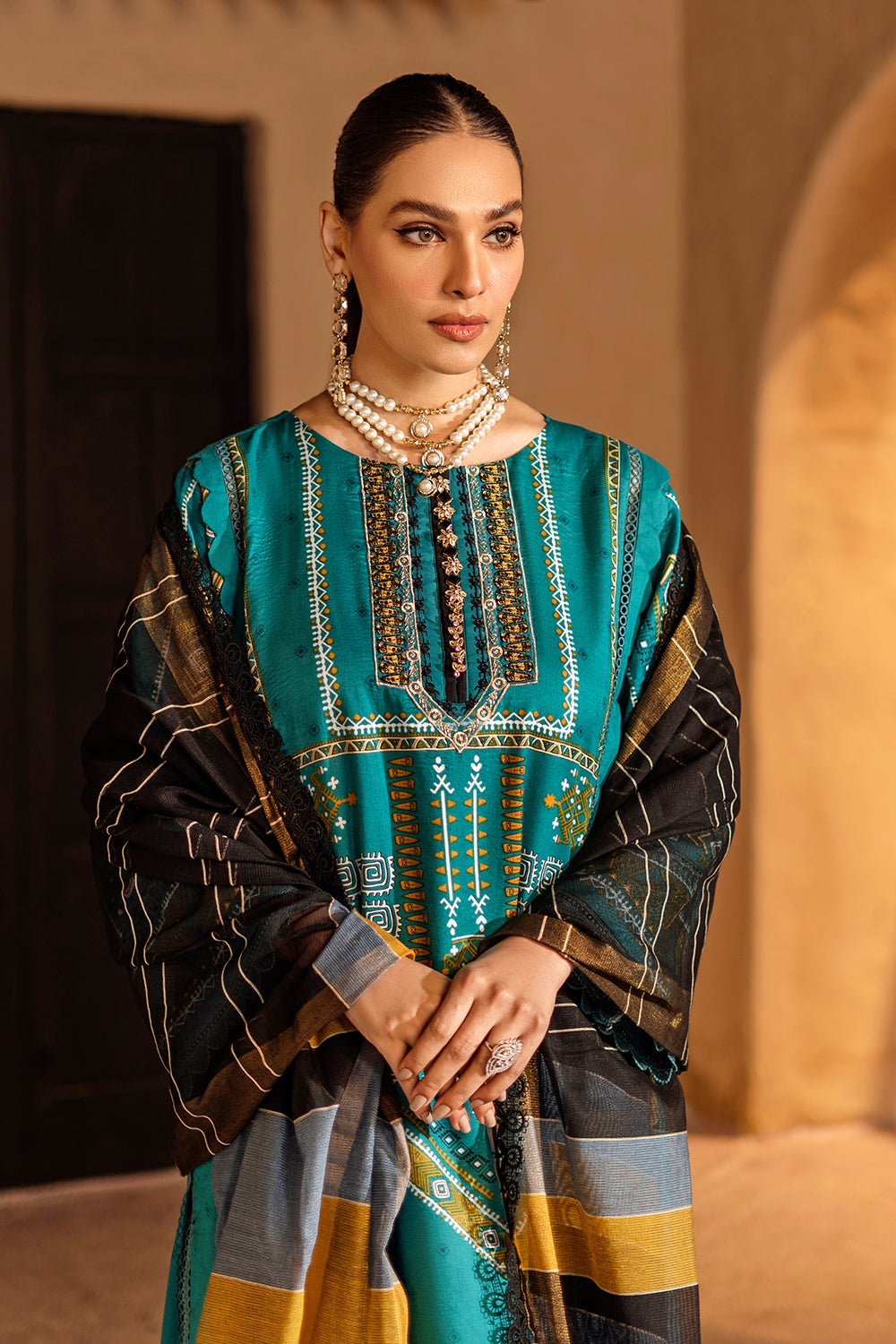 3 PC Unstitched Emboridered + Printed Shirt + Printed Dupatta + Dyed Trouser