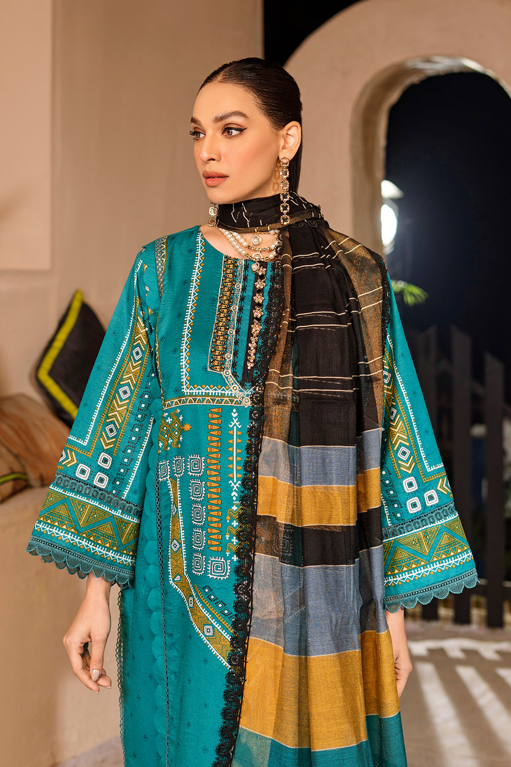 3 PC Unstitched Emboridered + Printed Shirt + Printed Dupatta + Dyed Trouser
