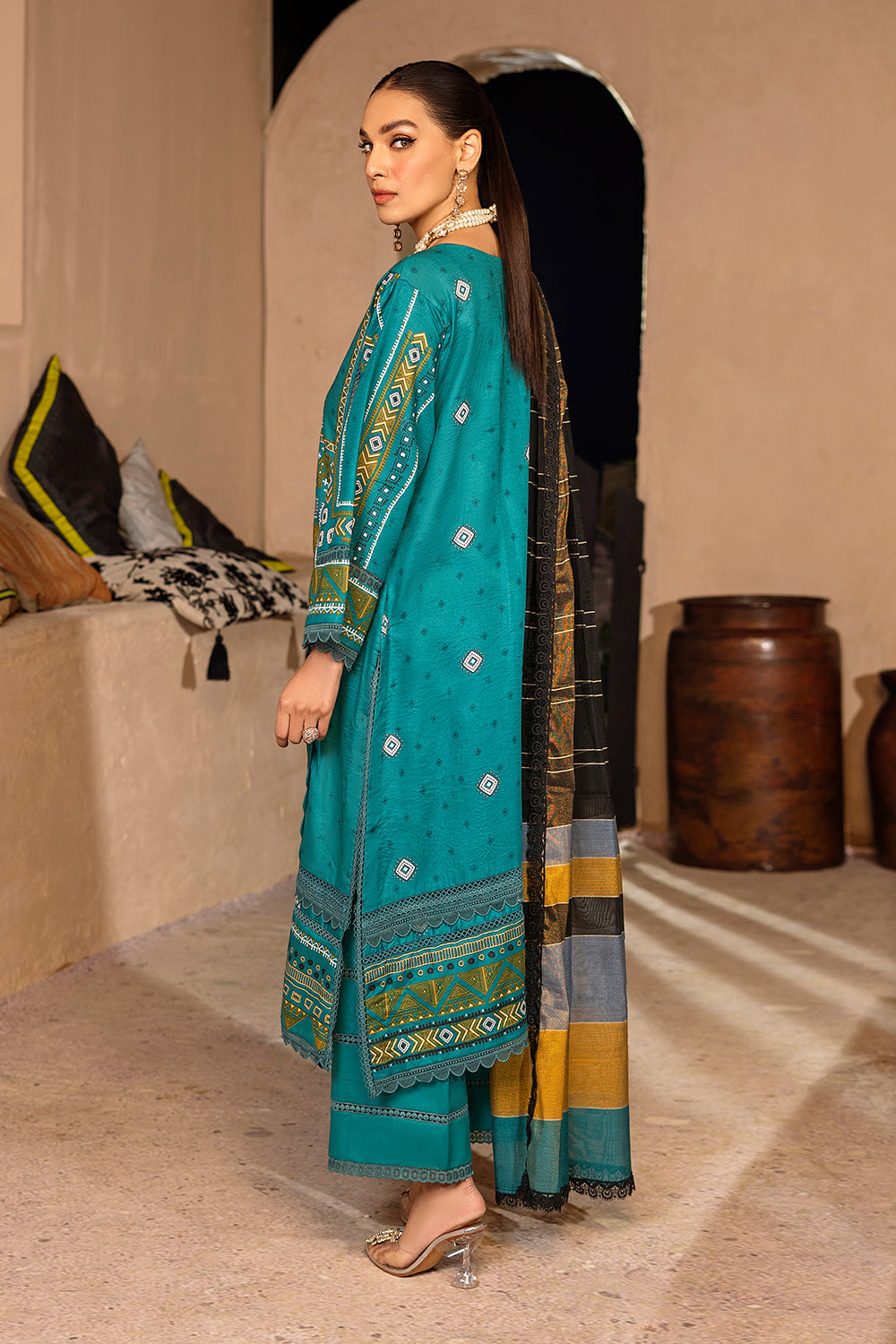 3 PC Unstitched Emboridered + Printed Shirt + Printed Dupatta + Dyed Trouser