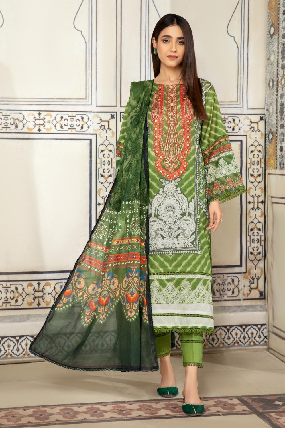 3PC Unstitched Printed+Embroidered Lawn Shirt | Cotton Net Printed Dupatta | Cambric Dyed Trouser