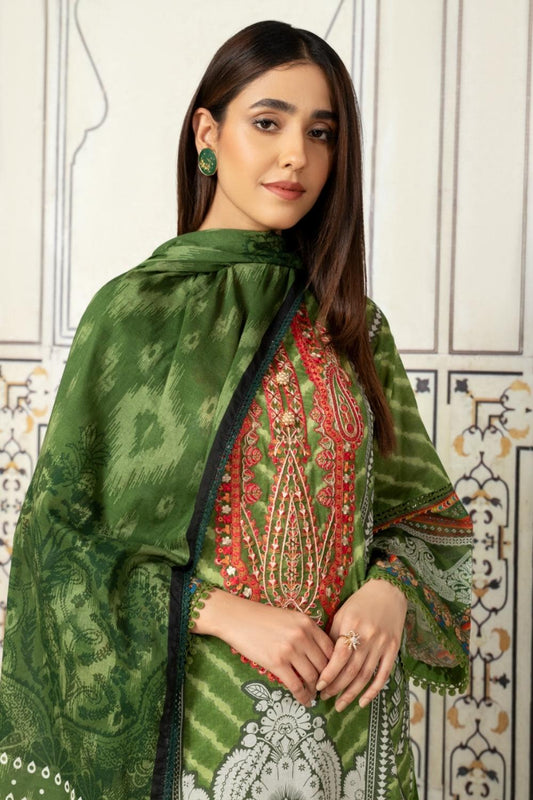 3PC Unstitched Printed+Embroidered Lawn Shirt | Cotton Net Printed Dupatta | Cambric Dyed Trouser