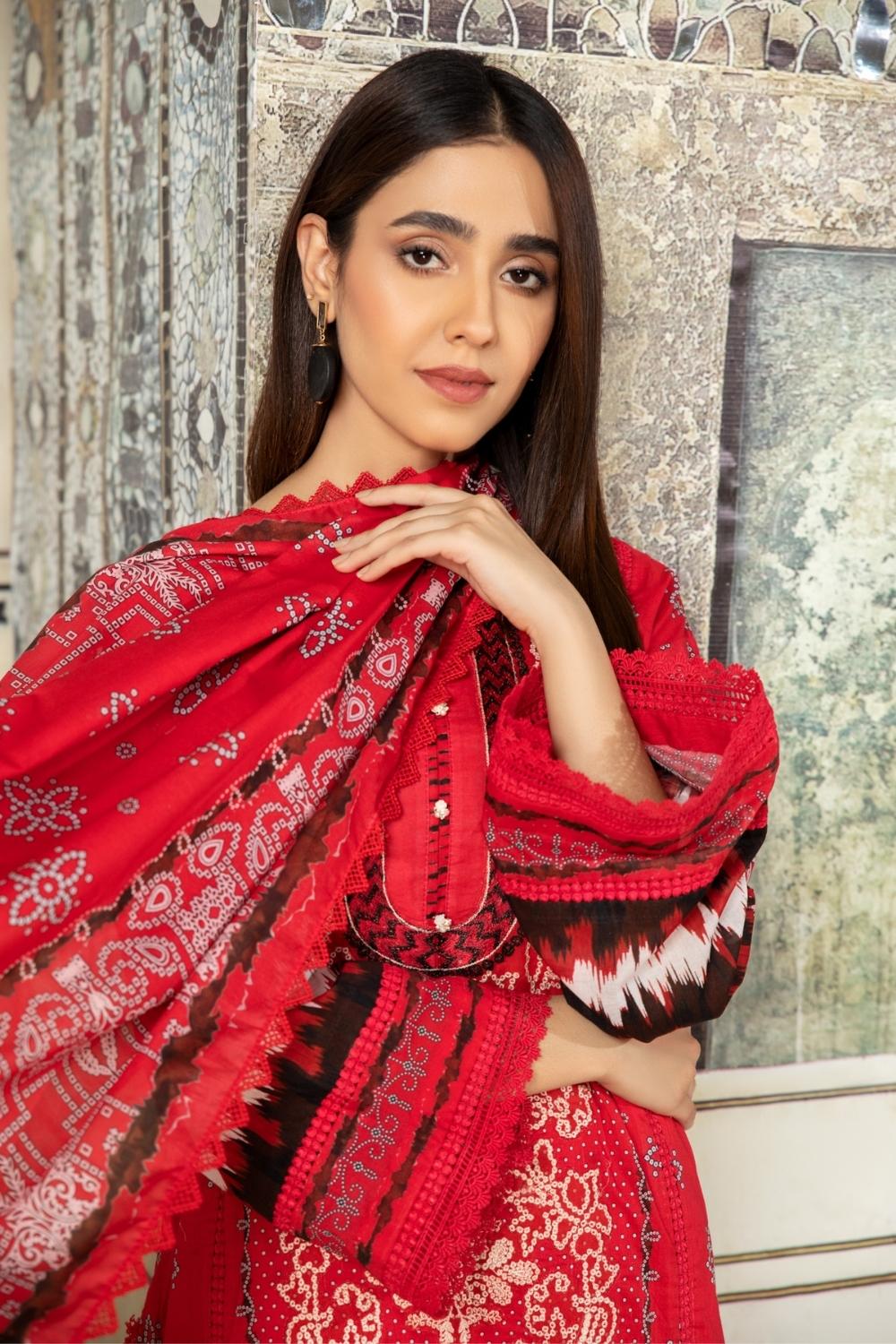 3PC Unstitched Printed+Embroidered Lawn Shirt | Printed Lawn Dupatta | Cambric Dyed Trouser