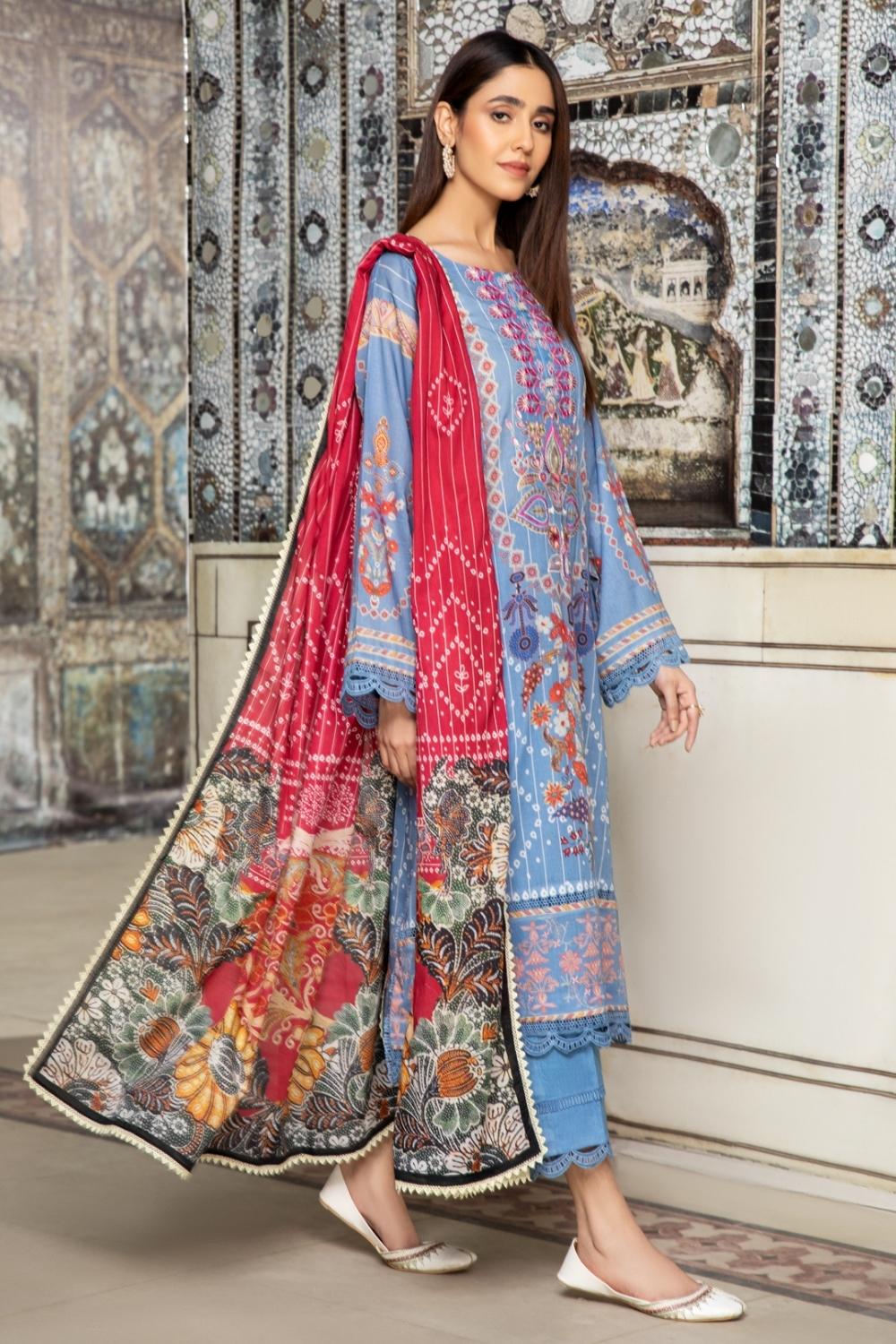3PC Unstitched Printed+Embroidered Lawn Shirt | Printed Lawn Dupatta | Cambric Dyed Trouser