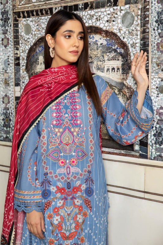 3PC Unstitched Printed+Embroidered Lawn Shirt | Printed Lawn Dupatta | Cambric Dyed Trouser
