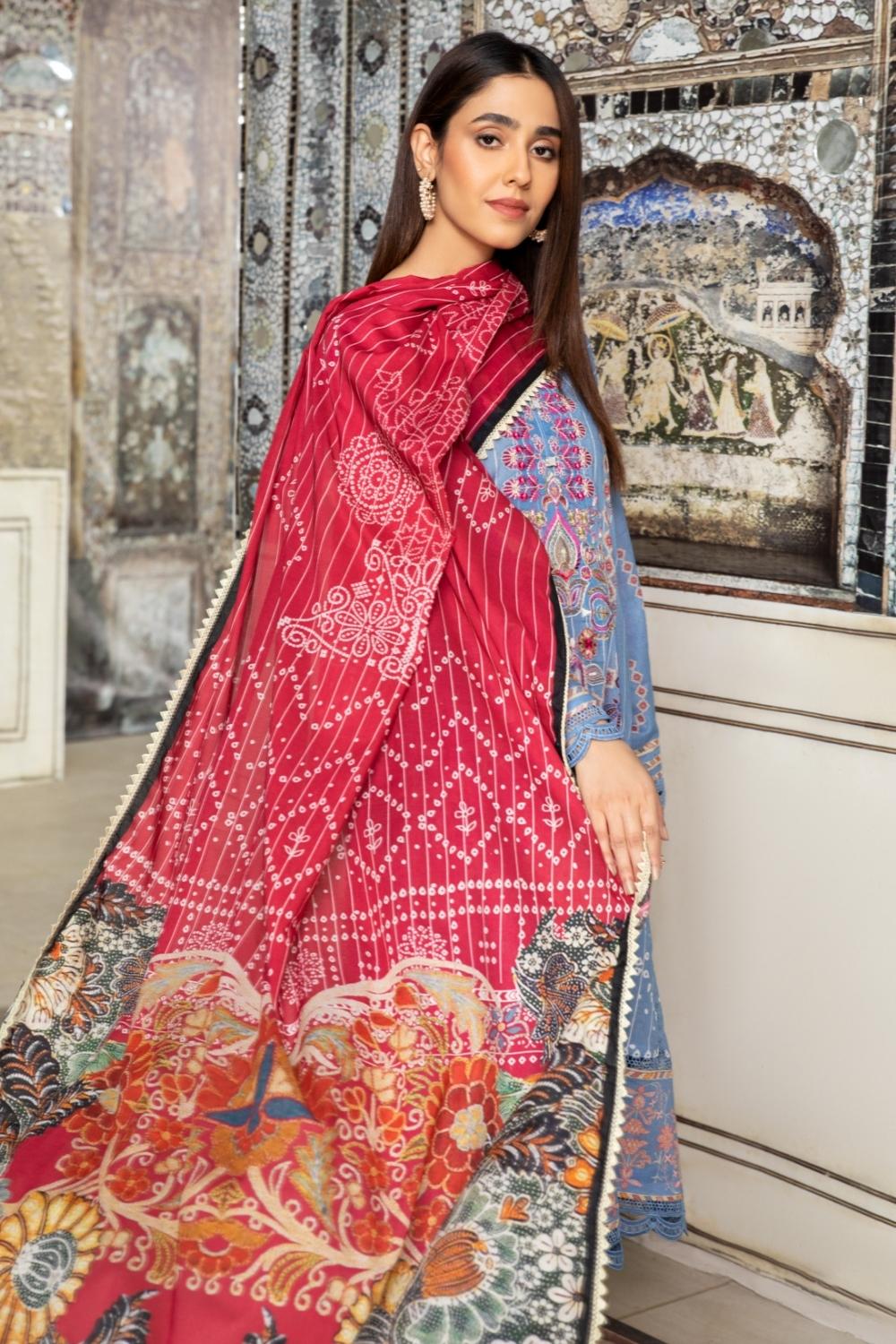 3PC Unstitched Printed+Embroidered Lawn Shirt | Printed Lawn Dupatta | Cambric Dyed Trouser
