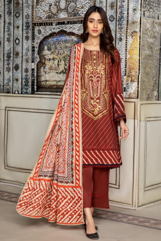 3PC Unstitched Printed+Embroidered Lawn Shirt | Cotton Net Printed Dupatta | Cambric Dyed Trouser