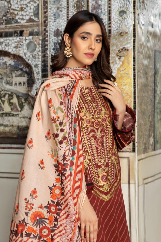 3PC Unstitched Printed+Embroidered Lawn Shirt | Cotton Net Printed Dupatta | Cambric Dyed Trouser