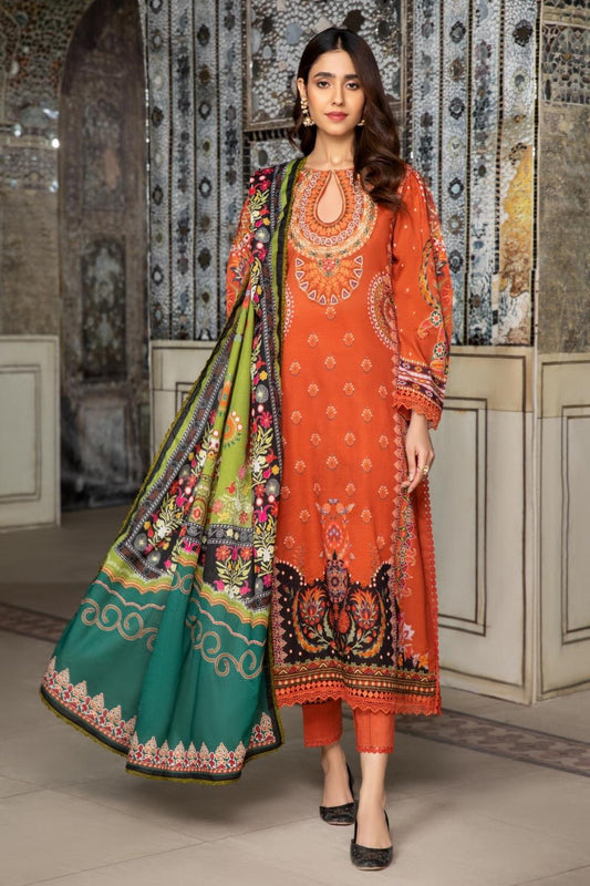 3PC Unstitched Printed+Embroidered Lawn Shirt | Printed Lawn Dupatta | Cambric Dyed Trouser