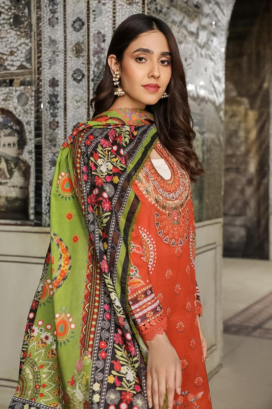 3PC Unstitched Printed+Embroidered Lawn Shirt | Printed Lawn Dupatta | Cambric Dyed Trouser