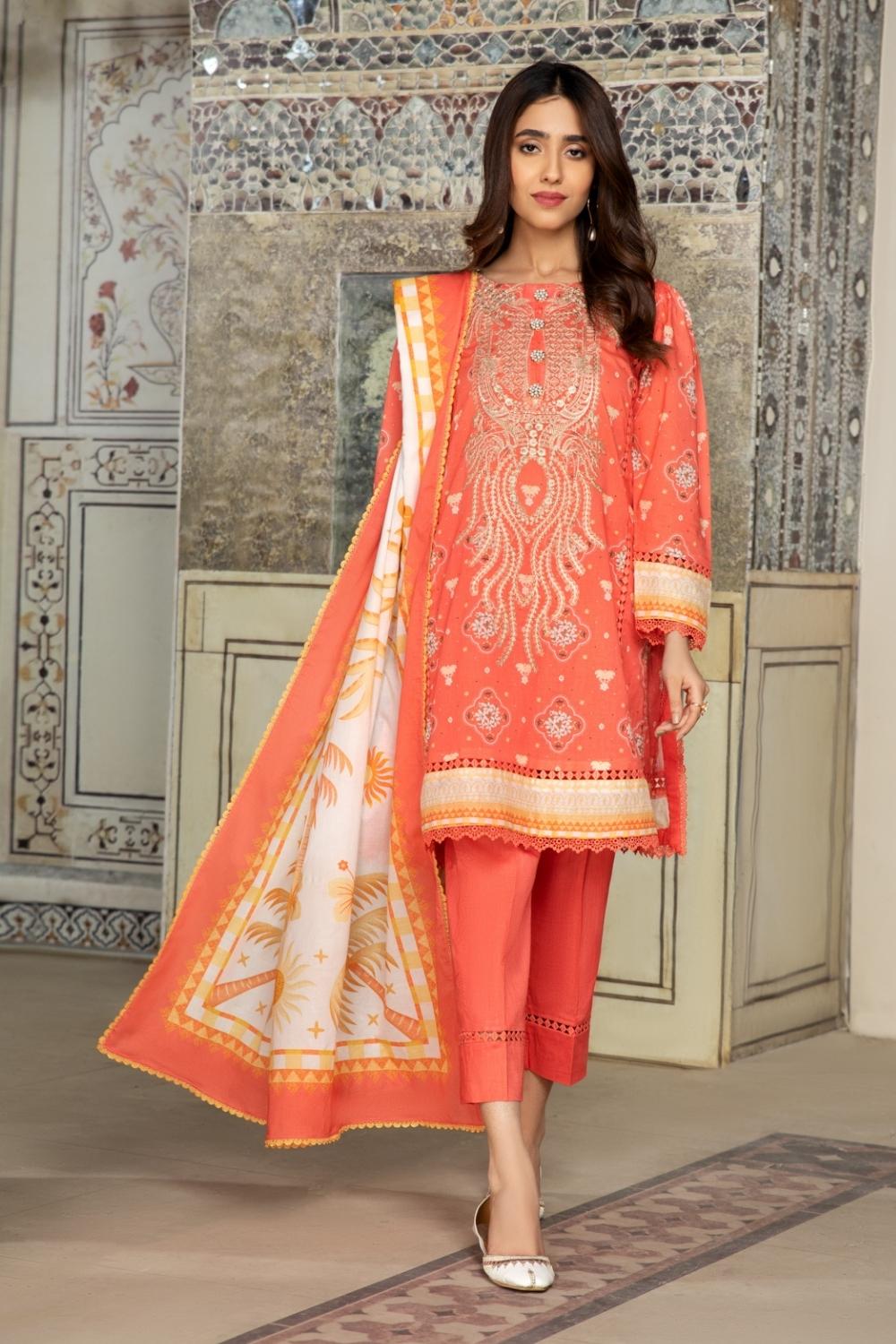 3PC Unstitched Printed+Embroidered Lawn Shirt | Printed Lawn Dupatta |Cambric Dyed Trouser