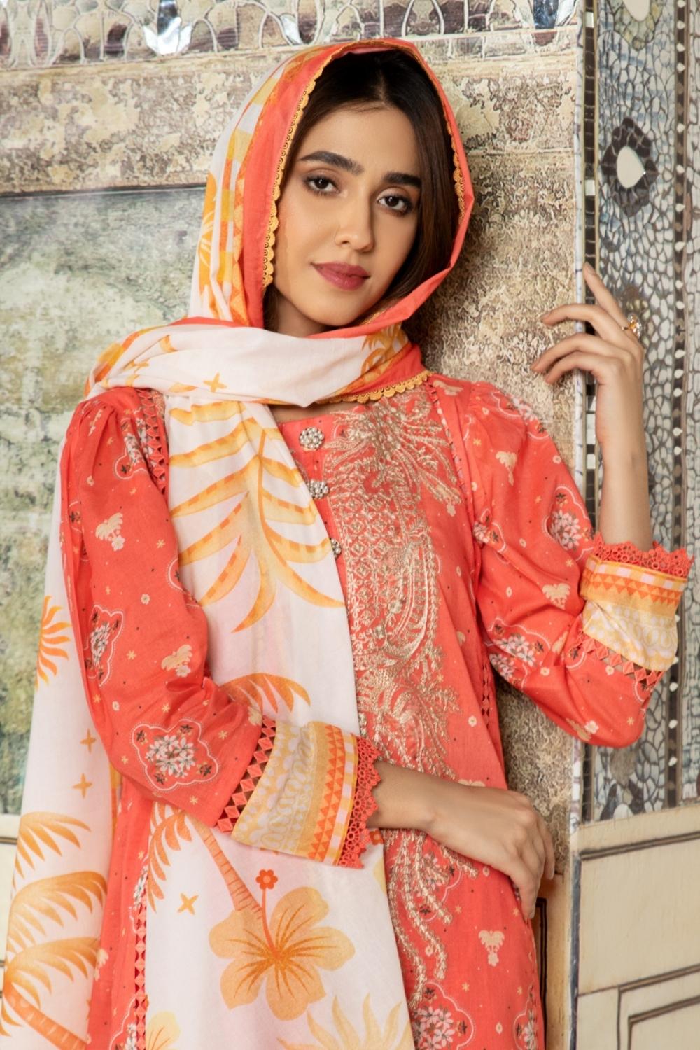 3PC Unstitched Printed+Embroidered Lawn Shirt | Printed Lawn Dupatta |Cambric Dyed Trouser