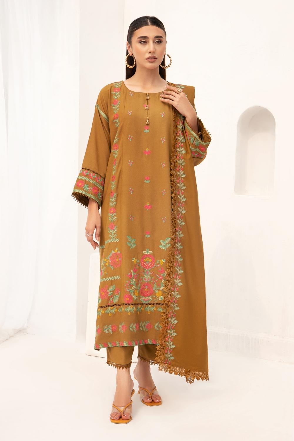 3PC Unstitched |Embroidered Karandi Shirt+ Cotton Dobby Shawl+ Trouser