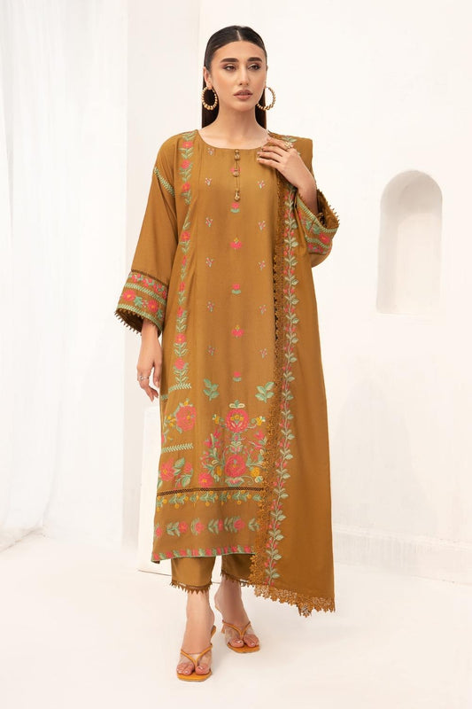 3PC Unstitched |Embroidered Karandi Shirt+ Cotton Dobby Shawl+ Trouser