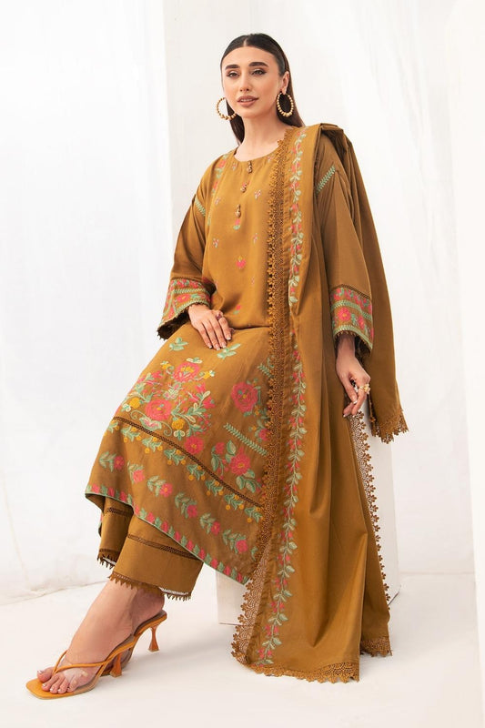 3PC Unstitched |Embroidered Karandi Shirt+ Cotton Dobby Shawl+ Trouser