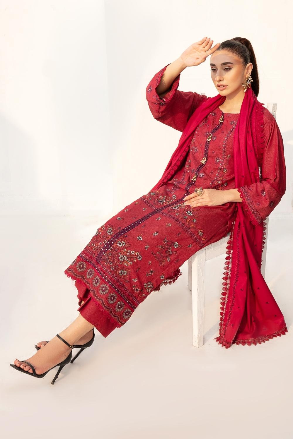 3PC Unstitched |Embroidered Karandi Shirt+ Cotton Dobby Shawl+ Trouser