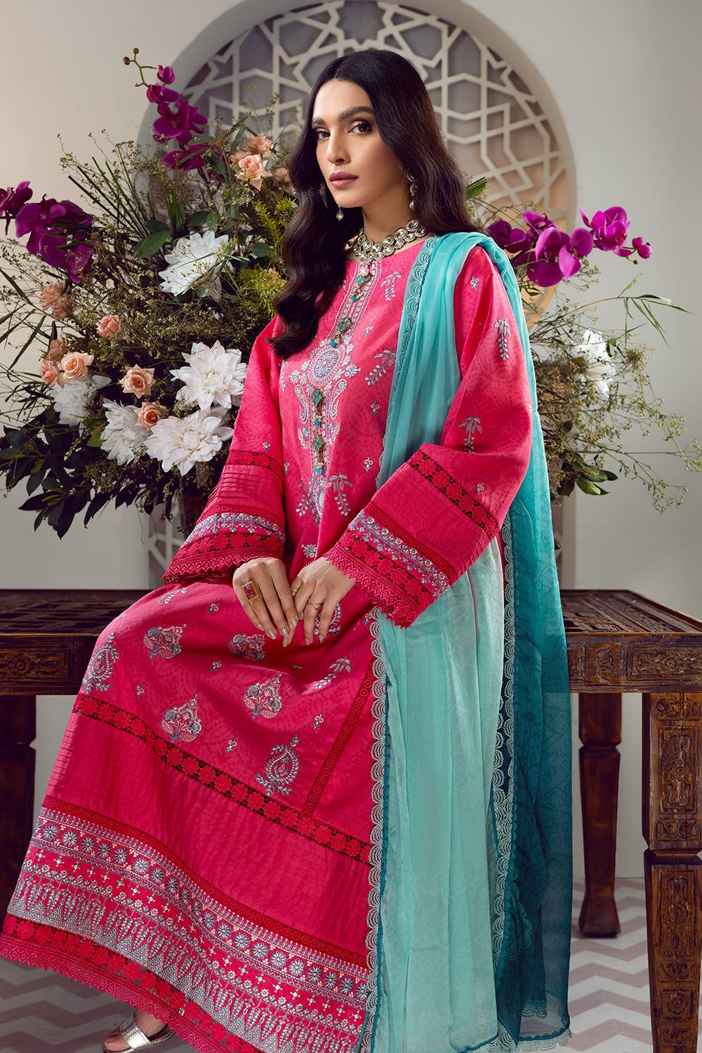 3 PC Unstitched Premium | Embroidered Shirt | Printed Dupatta