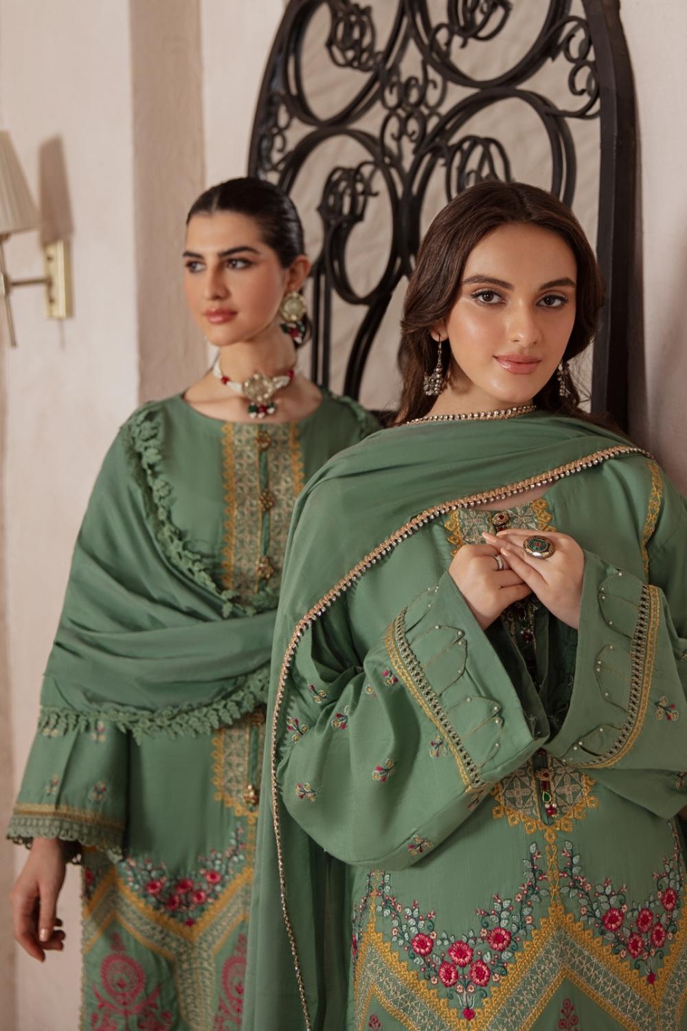 3 PC Unstitched Premium | Cross Hatch Embroidered  Shirt + Banarsi Jacquard Dupatta + Cambric Dyed Trouser