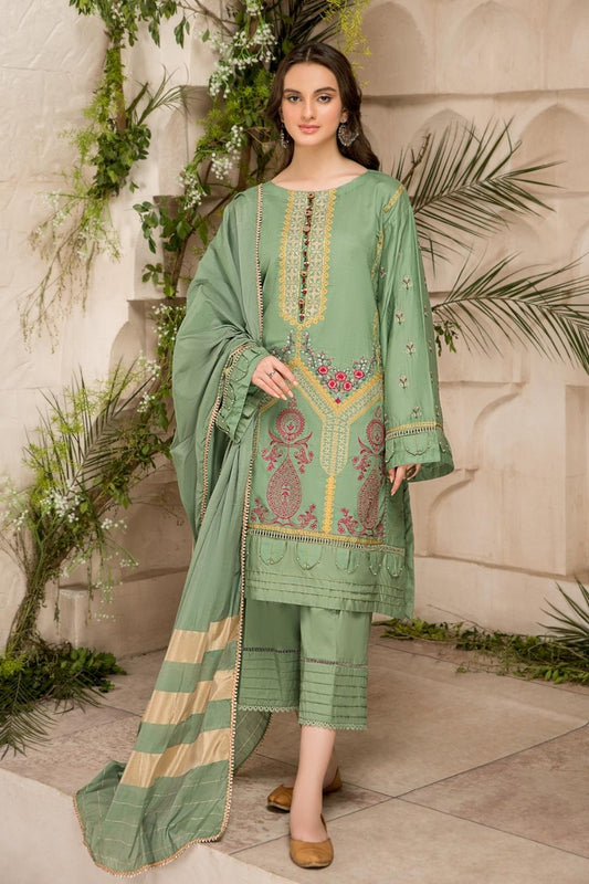 3 PC Unstitched Premium | Cross Hatch Embroidered  Shirt + Banarsi Jacquard Dupatta + Cambric Dyed Trouser