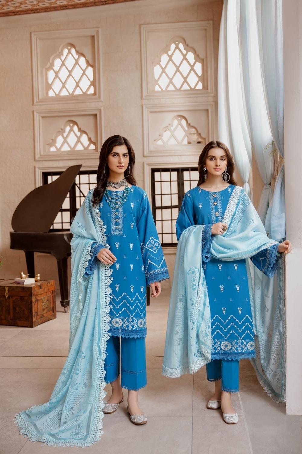 3 PC Unstitched Premium | Cotton Slub Embroidered   Shirt + Organza Burnout Dupatta + Cambric Dyed Trouser