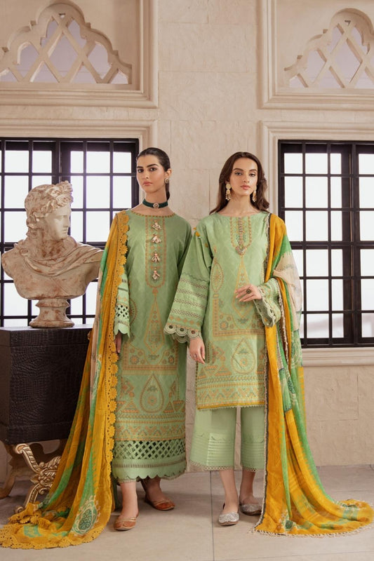 3 PC Unstitched Premium | Self Jacquard Embroidered Shirt + Chiffon Printed Dupatta + Cambric Dyed Trouser