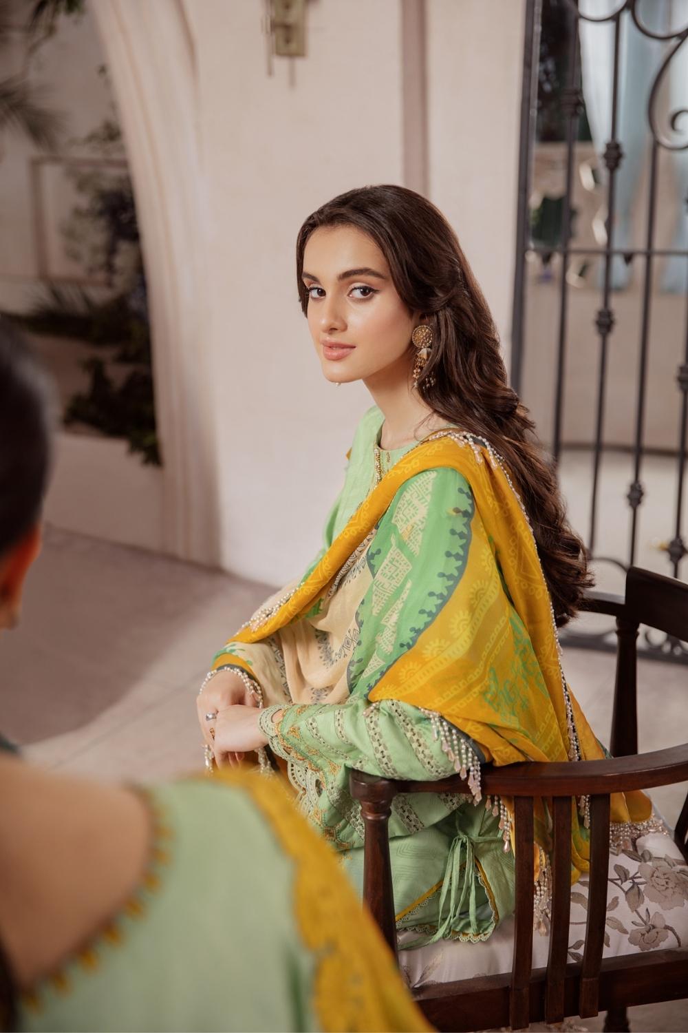 3 PC Unstitched Premium | Self Jacquard Embroidered Shirt + Chiffon Printed Dupatta + Cambric Dyed Trouser