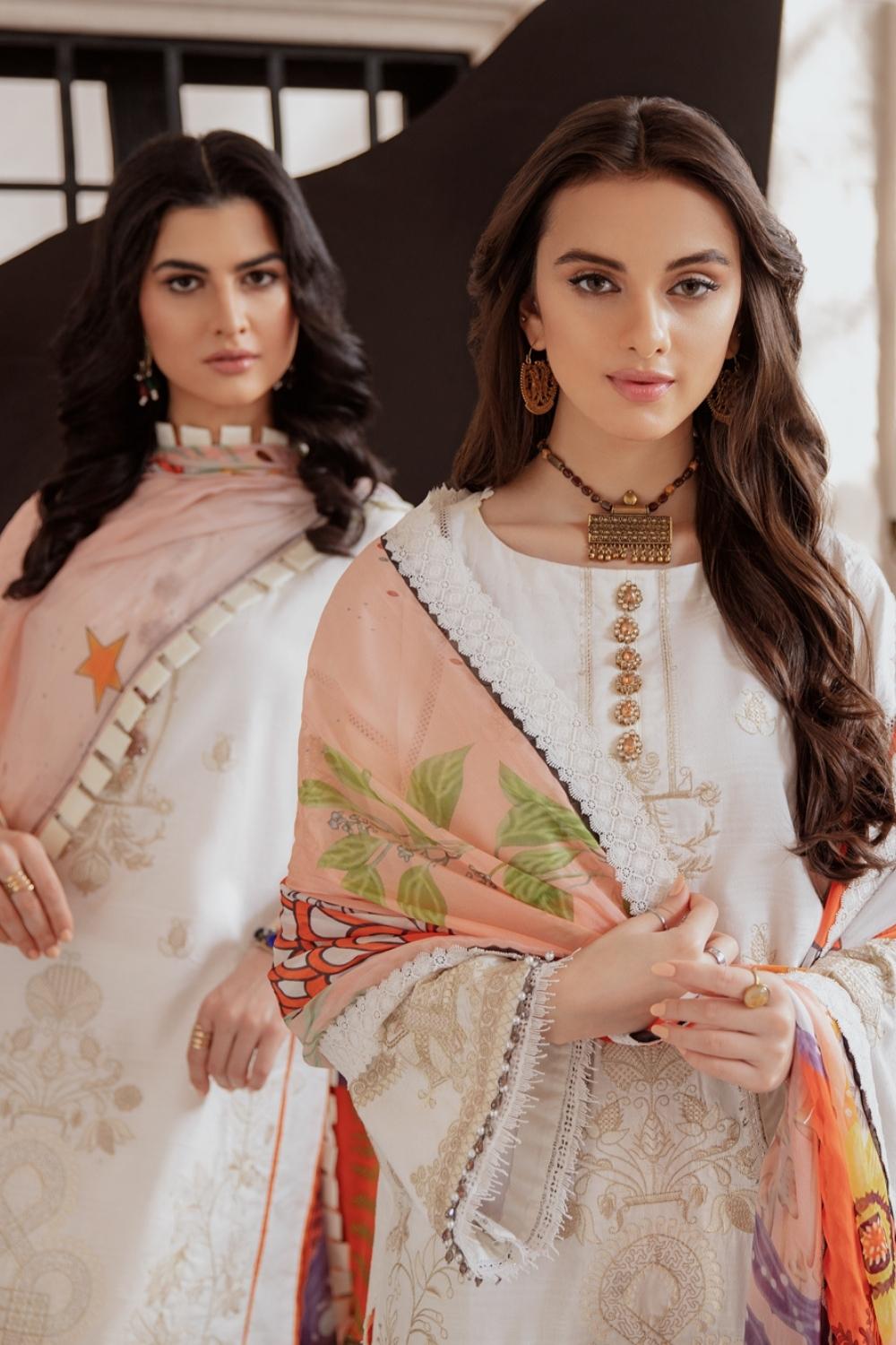 3 PC Unstitched Premium | Self Jacquard Embroidered Shirt + Silk Digital Printed Dupatta + Cambric Dyed Trouser