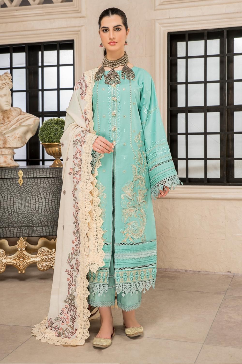 3 PC Unstitched Premium | Lawn Embroidered Shirt +Cotton Jacquard Dupatta + Cambric Dyed Trouser