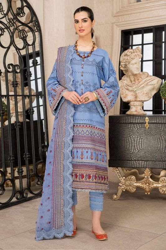 3 PC Unstitched Premium | Cross Slub Embroidered Shirt +Organza Embroidered Dupatta + Cambric Dyed Trouser