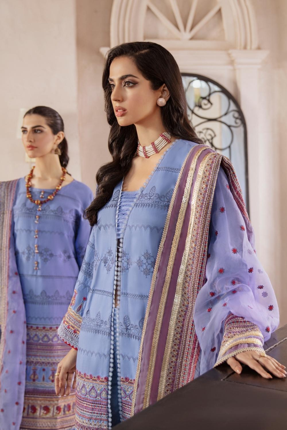 3 PC Unstitched Premium | Cross Slub Embroidered Shirt +Organza Embroidered Dupatta + Cambric Dyed Trouser