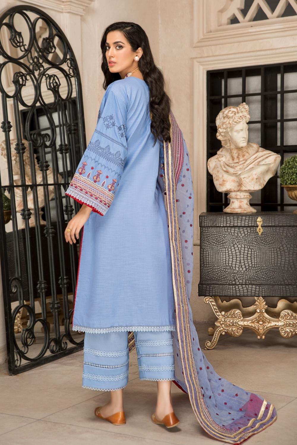 3 PC Unstitched Premium | Cross Slub Embroidered Shirt +Organza Embroidered Dupatta + Cambric Dyed Trouser
