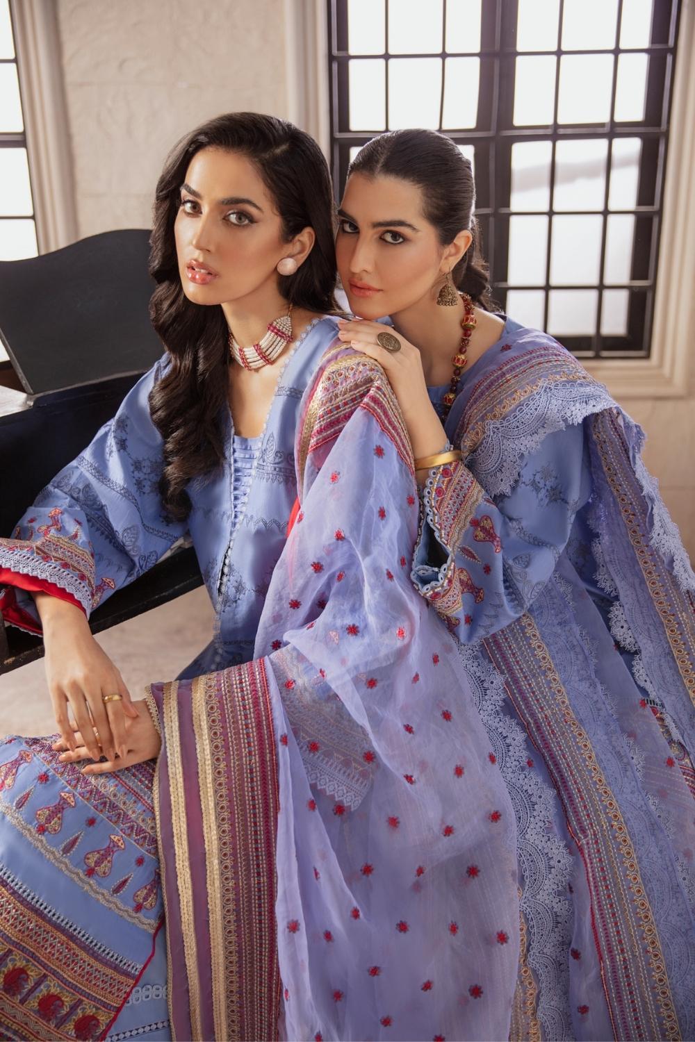 3 PC Unstitched Premium | Cross Slub Embroidered Shirt +Organza Embroidered Dupatta + Cambric Dyed Trouser