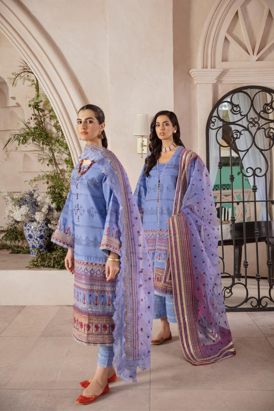 3 PC Unstitched Premium | Cross Slub Embroidered Shirt +Organza Embroidered Dupatta + Cambric Dyed Trouser